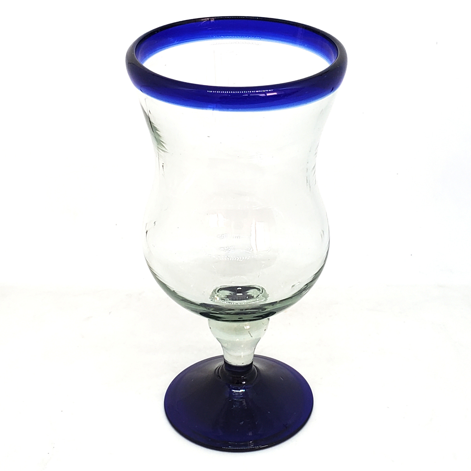 VIDRIO SOPLADO / copas curvas para vino con borde azul cobalto, 11 oz, Vidrio Reciclado, Libre de Plomo y Toxinas